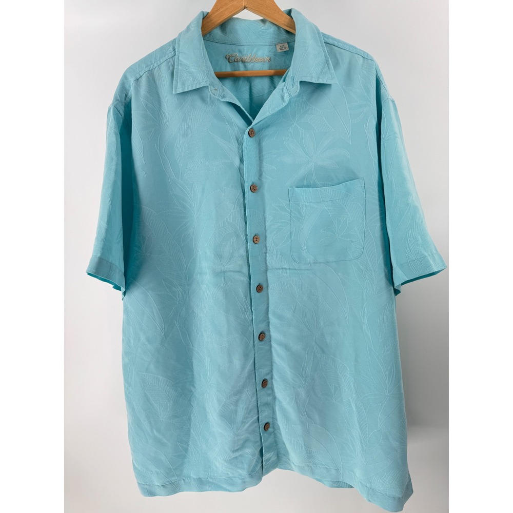 Caribbean Joe Button Down Shirt Mens 2XT Blue Palm Leaf Tropical Textured